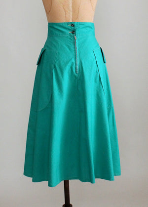 Vintage Early 1950s Teal Cotton Skirt with Pockets