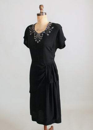 Vintage 1940s Nu-Form Black Crepe Beaded Peplum Dress