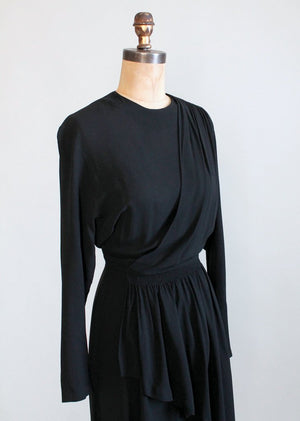 Vintage 1940s Black Crepe Draped Dress