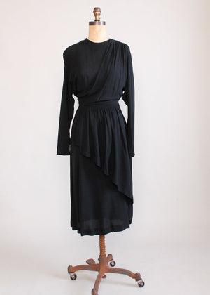 Vintage 1940s Black Crepe Draped Dress