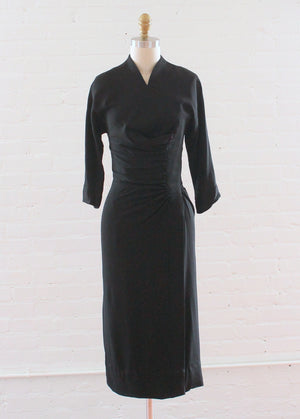Vintage 1940s Black Gathered Side Noir Dress