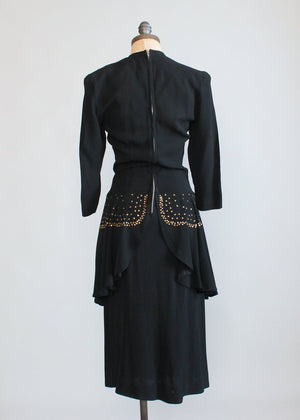 Vintage 1940s Black Crepe Studded Peplum Dress