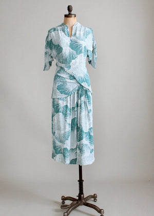 Vintage 1940s Blue and White Rayon Peplum Dress