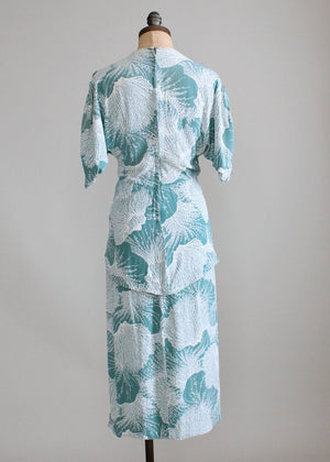 Vintage 1940s Blue and White Rayon Peplum Dress
