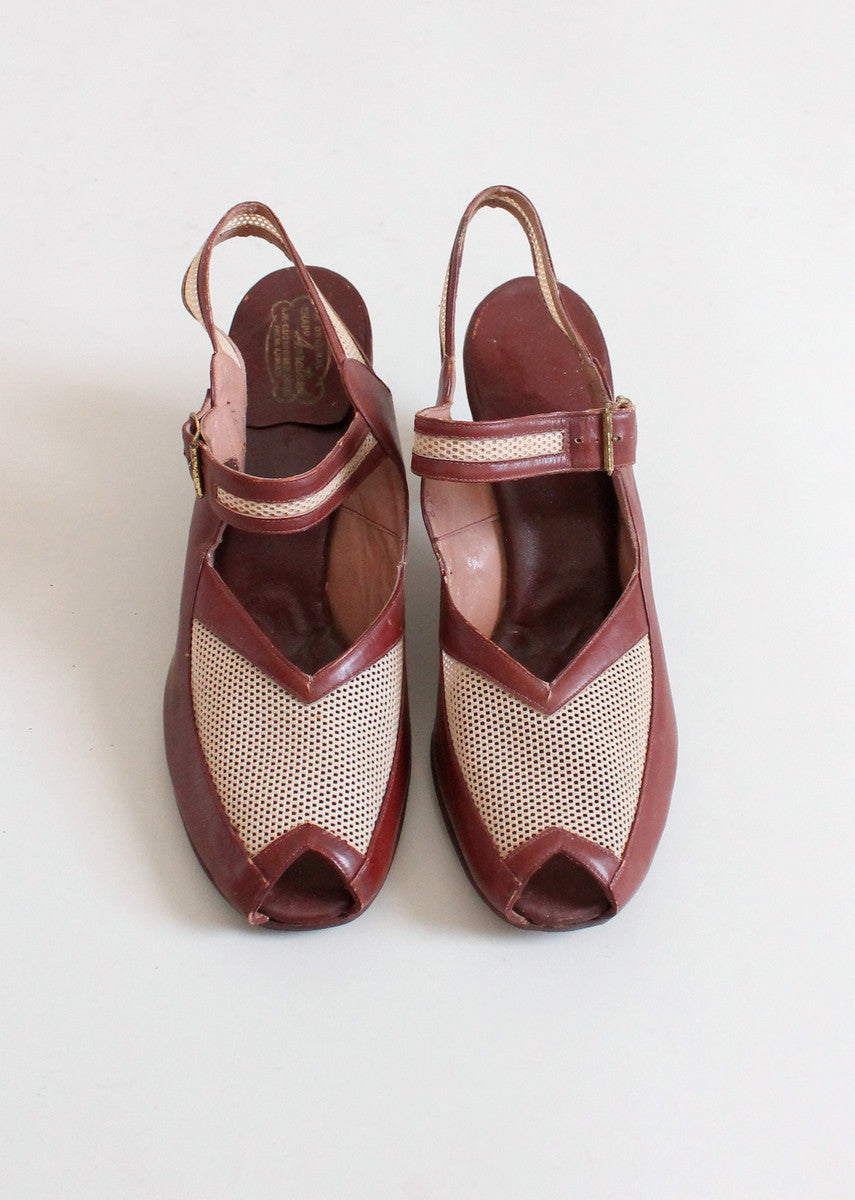 Vintage Late 1940s Two Tone Mesh Peep Toe Sandals