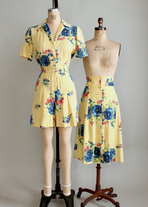 Vintage 1940s Blue Rose Playsuit with Skirt