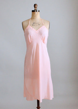 Vintage 1940s Embroidered Peach Rayon Halter Slip Dress
