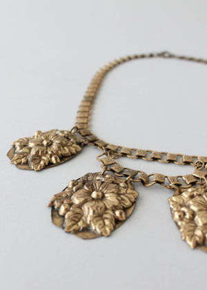 Vintage 1940s Floral Brass Pendant on Book Chain Necklace
