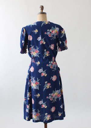 Vintage 1940s Floral Cotton Zip Front Day Dress