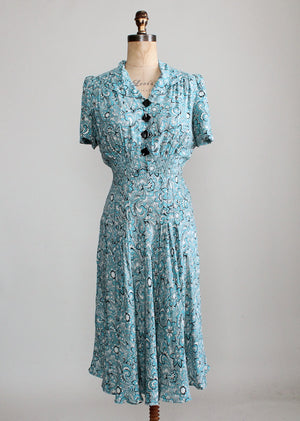 Vintage 1940s Blue and White Floral Print Rayon Day Dress