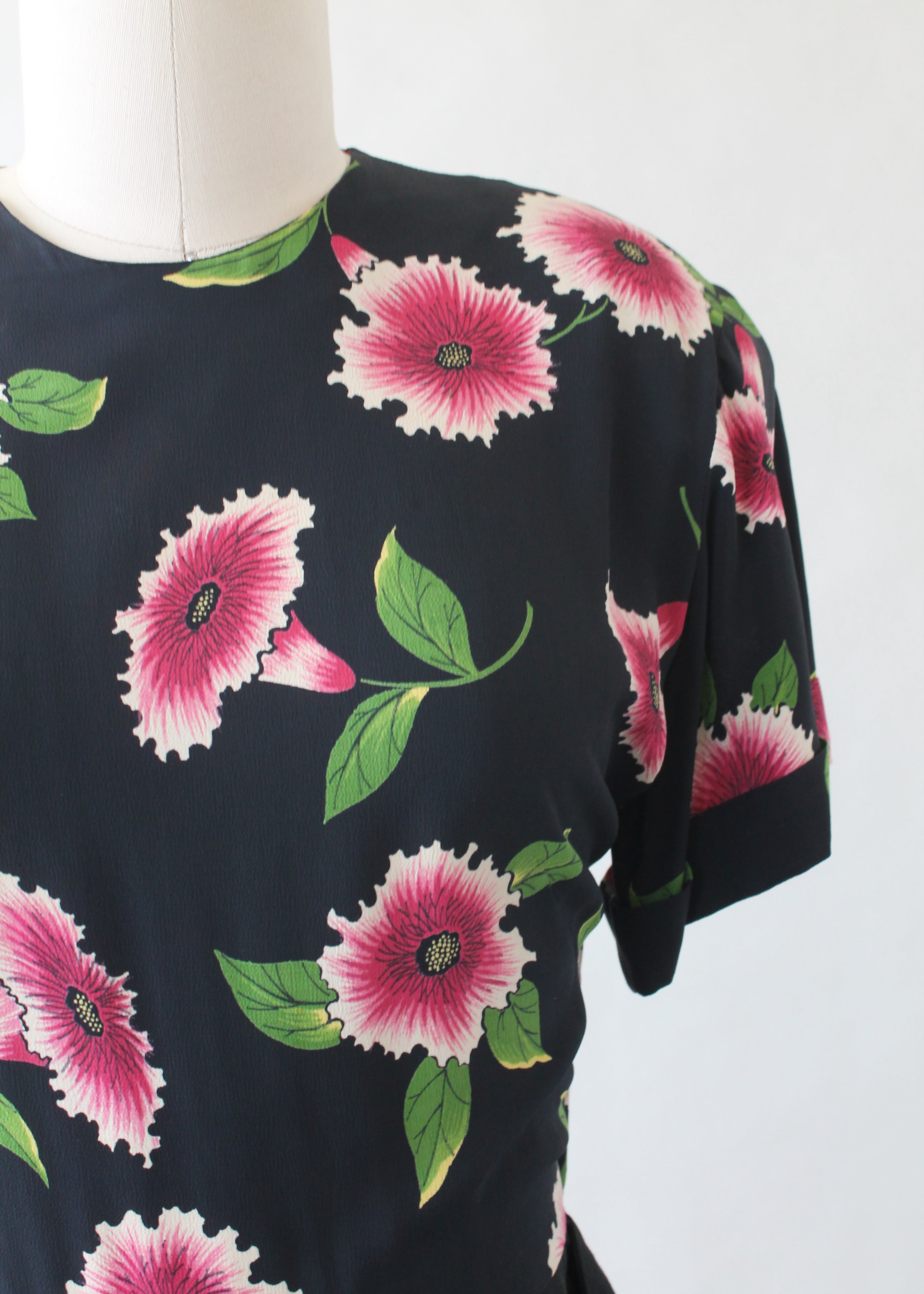 Vintage 1940s Floral Black Rayon Dress