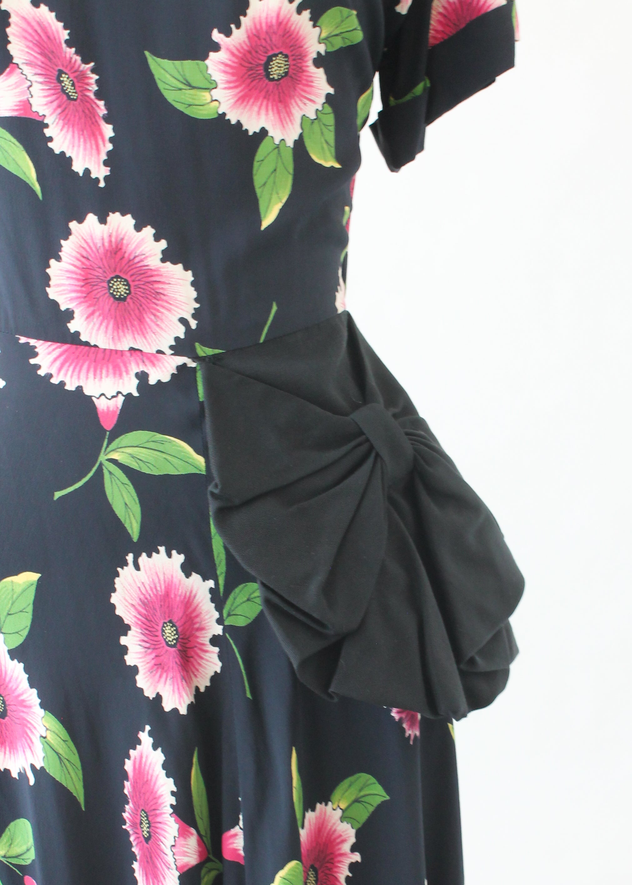 Vintage 1940s Floral Black Rayon Dress