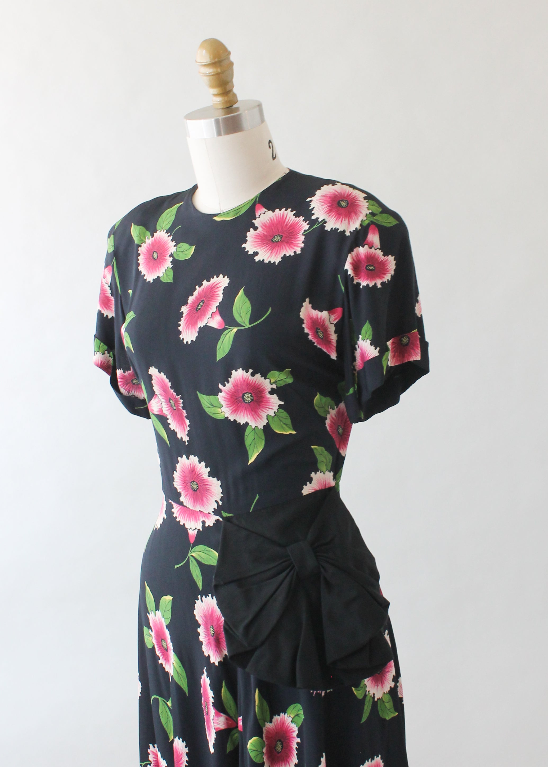 Vintage 1940s Floral Black Rayon Dress