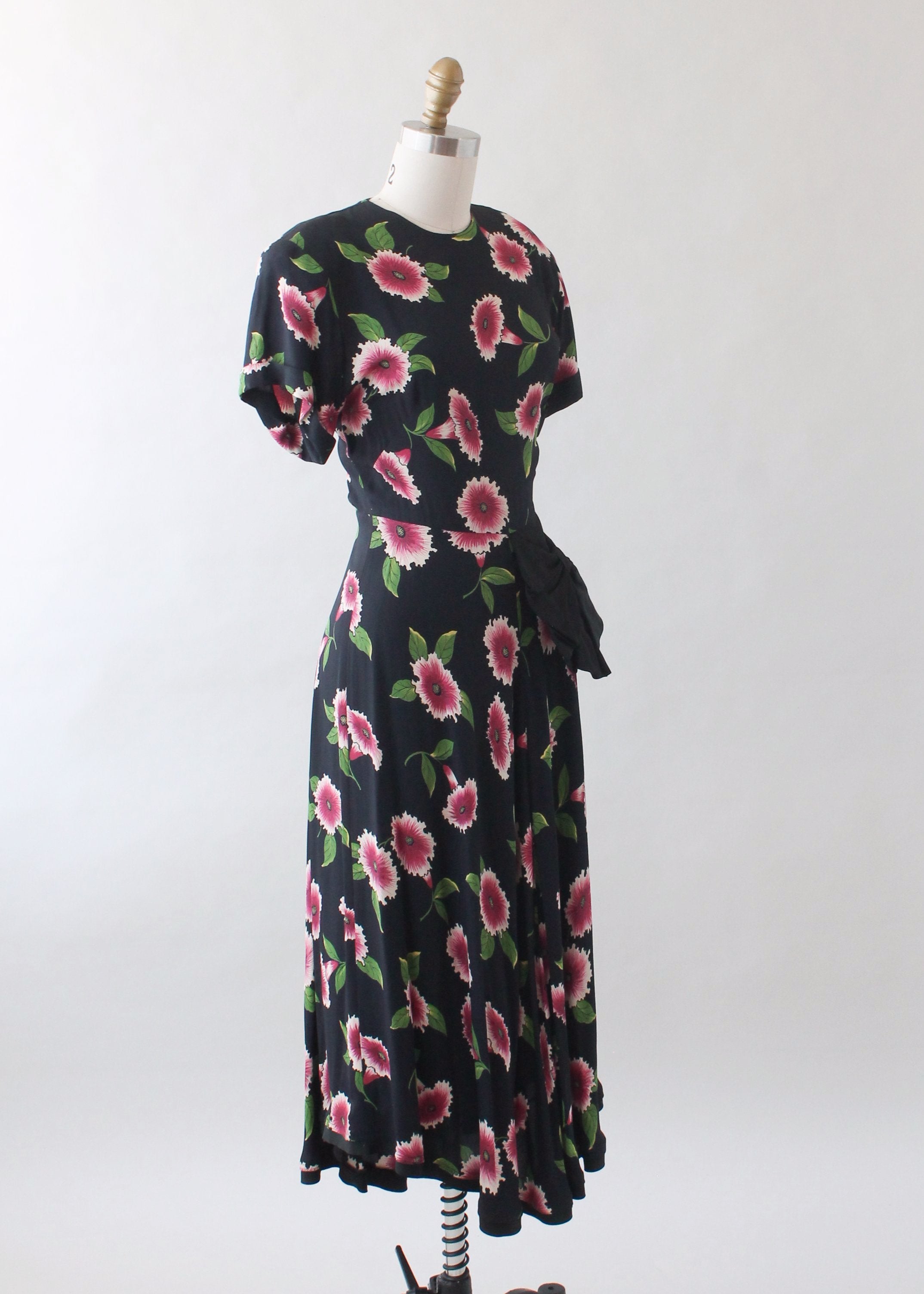Vintage 1940s Floral Black Rayon Dress