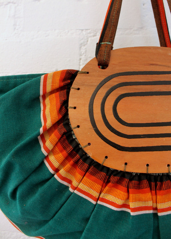 Vintage 1940s Striped Green Canvas and Wood Tote Bag - Raleigh