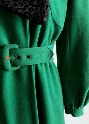 Vintage 1940s Green Wool and Black Curly Lamp Fur Coat