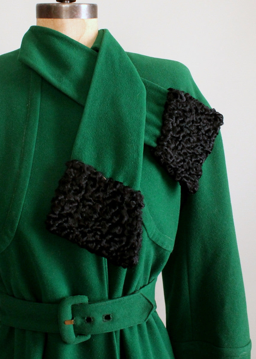 Vintage 1940s Green Wool and Black Curly Lamp Fur Coat