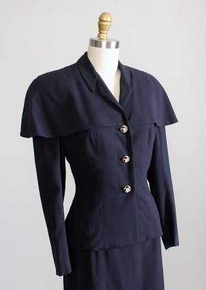 Vintage 1940s Navy Suit with Cape Shoulders
