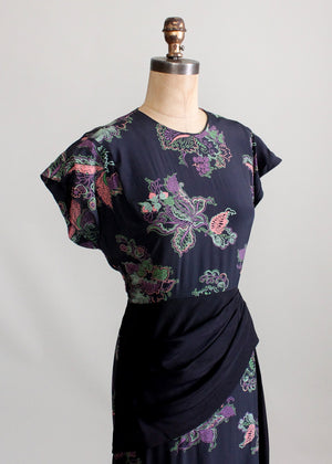 Vintage 1940s Floral Rayon Dress with Swag Front Skirt