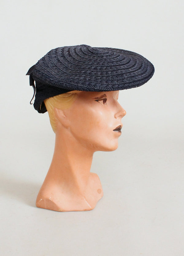 Vintage 1940s Navy Straw Tilt Beret Hat - Raleigh Vintage display picture 1