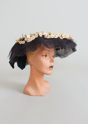 Vintage 1940s Navy Wide Brim Floral Wreath Hat