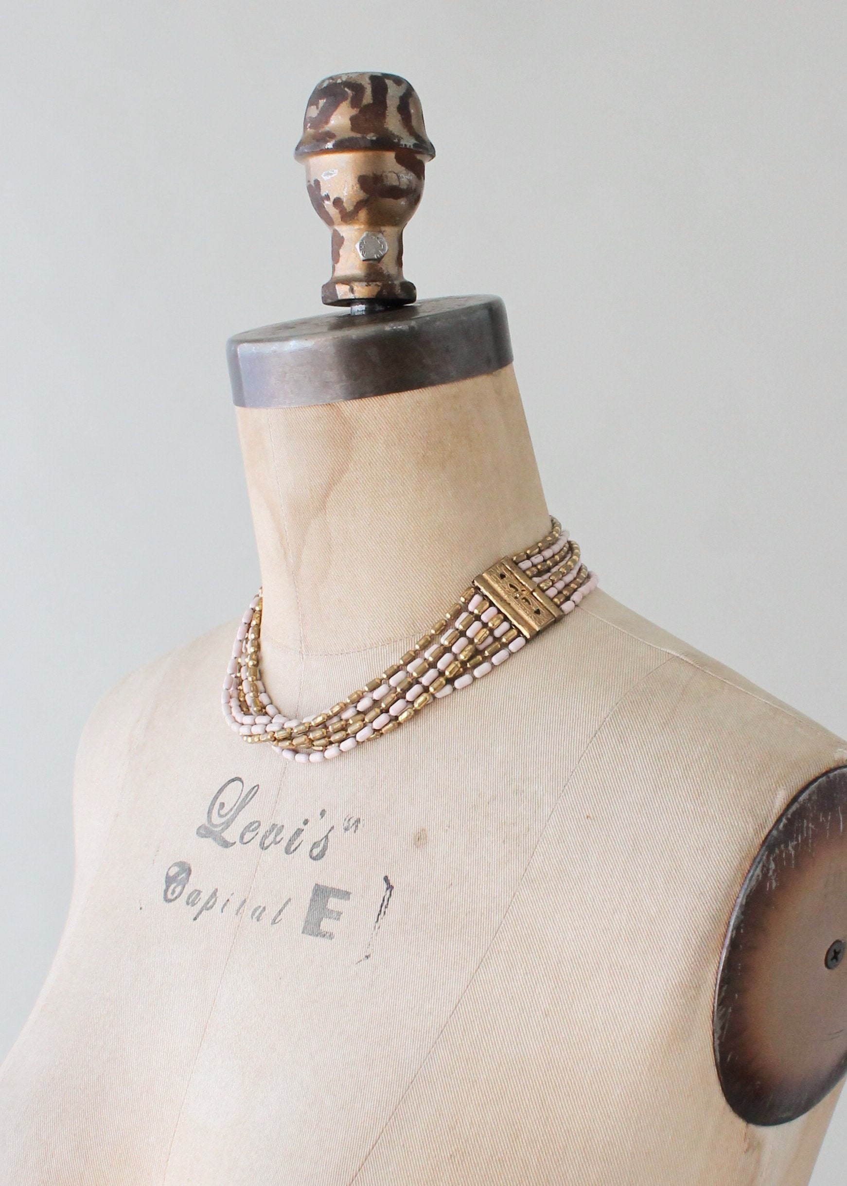 Vintage 1940s Pink and Brass Bead Necklace