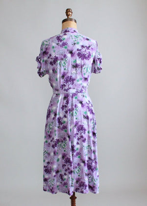 Vintage 1940s Purple Rayon Novelty Print Day Dress