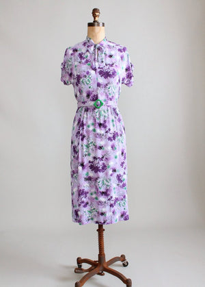 Vintage 1940s Purple Rayon Novelty Print Day Dress