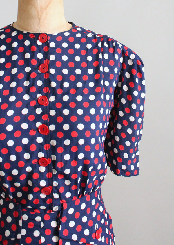 strapless open back dress Vintage 1940s Red, White, and Blue Polka Dot Dress