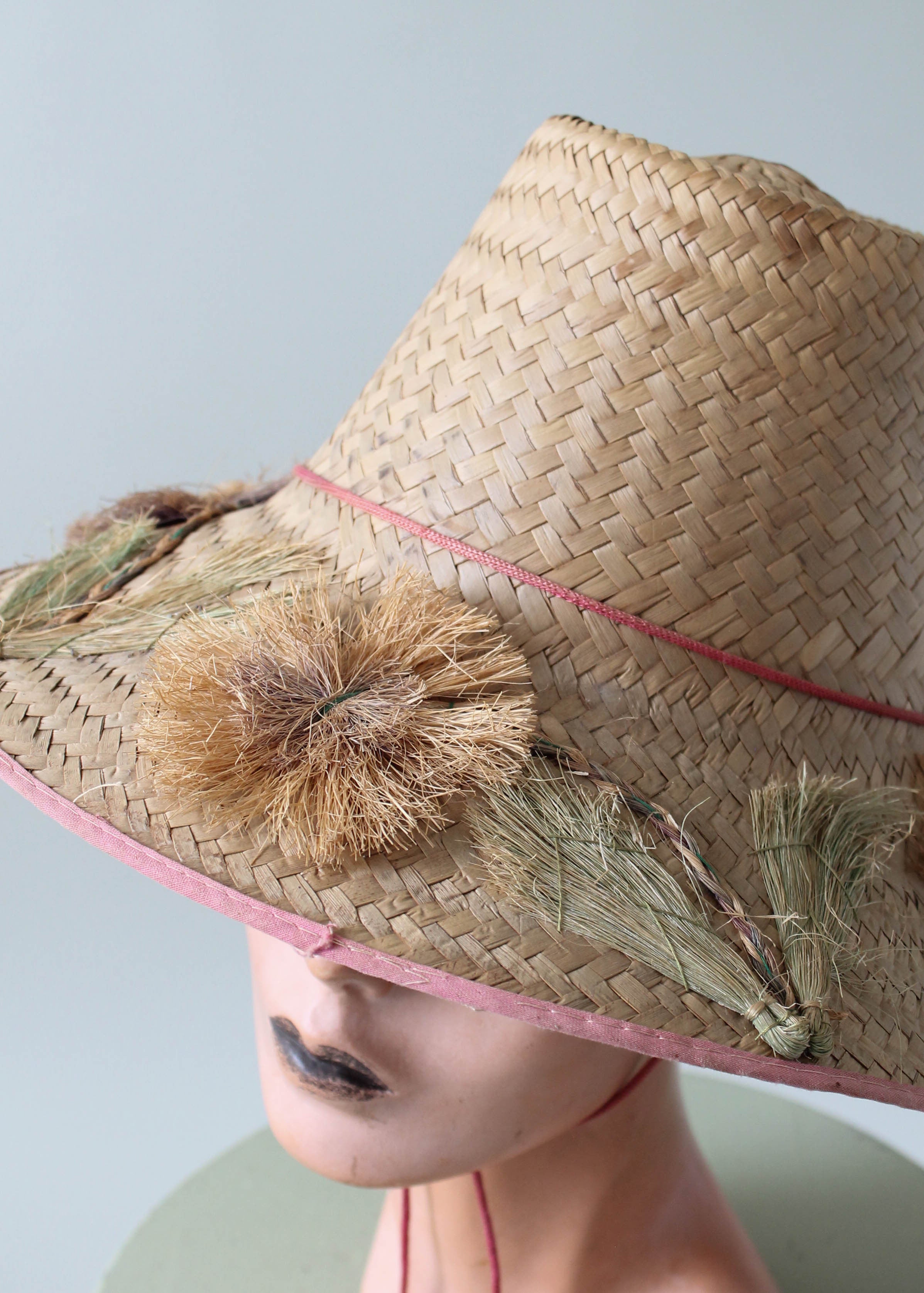 Vintage 1950s Straw Beach Hat with Flowers