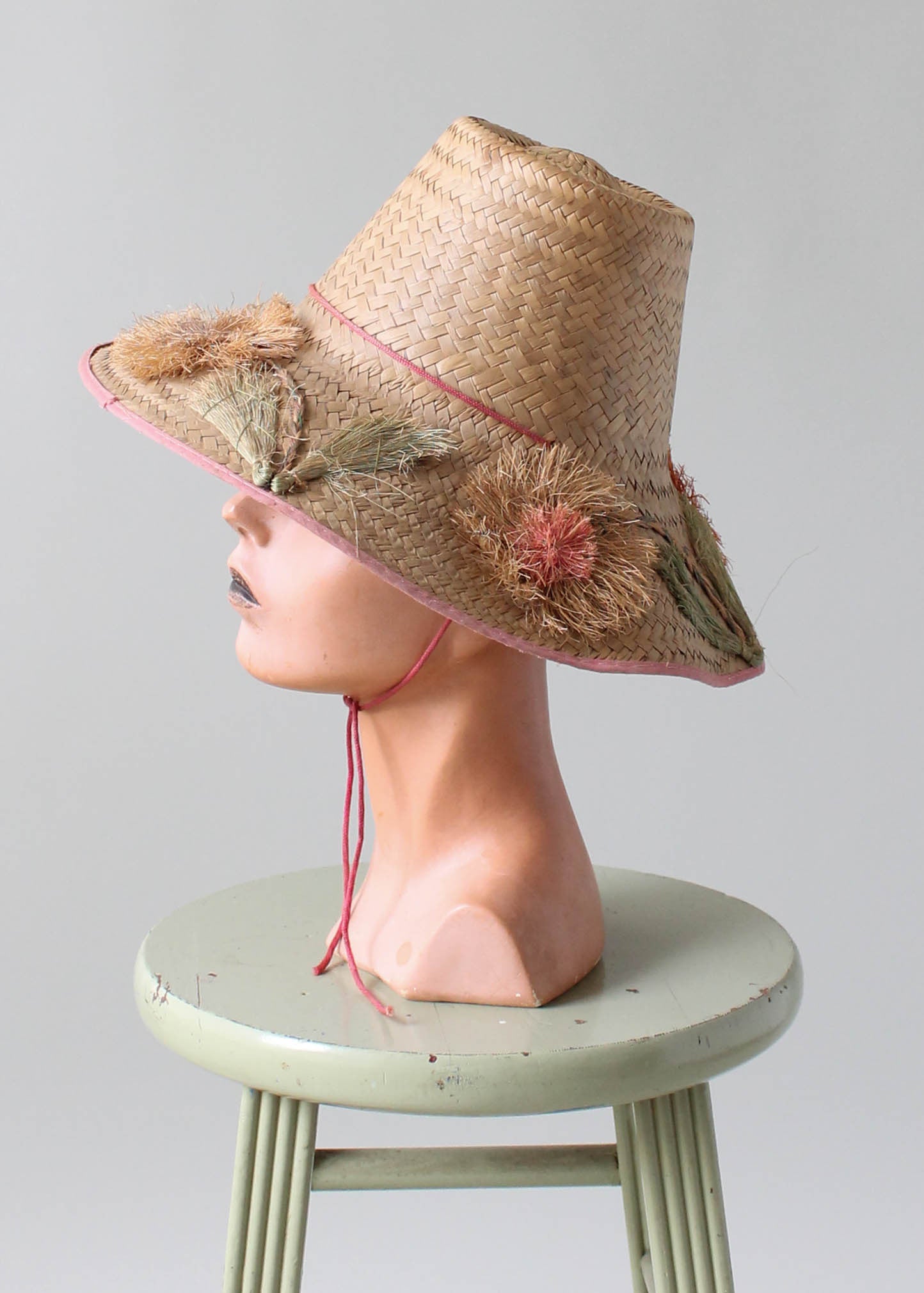Vintage 1950s Straw Beach Hat with Flowers