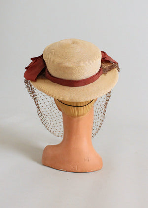 Vintage 1940s Straw Boater Hat with Bows and Face Veil