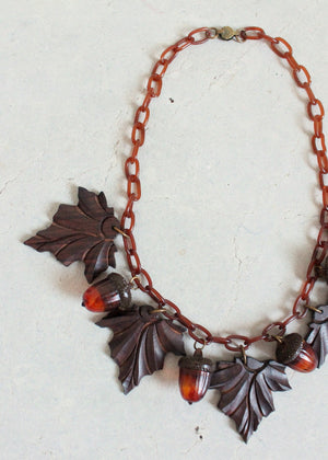 Vintage 1940s Fall Celluloid Acorns and Wood Leaves Necklace