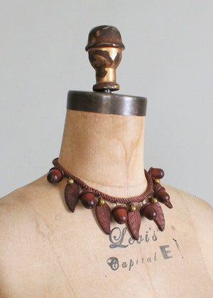 Vintage 1940s Wood Acorn and Faux Hair Chain Necklace