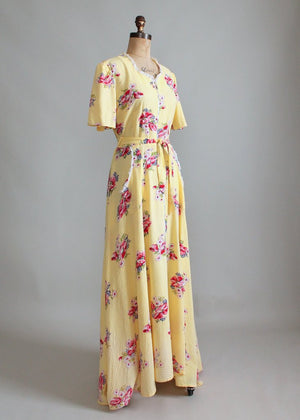 Vintage 1940s Yellow Cotton and Lace Floral House Dress