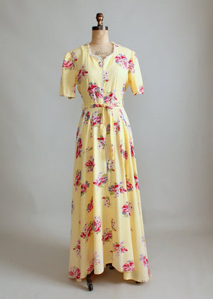 Vintage 1940s Yellow Cotton and Lace Floral House Dress