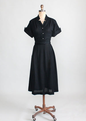 Vintage Early 1950s Black Rayon Pintuck Dress