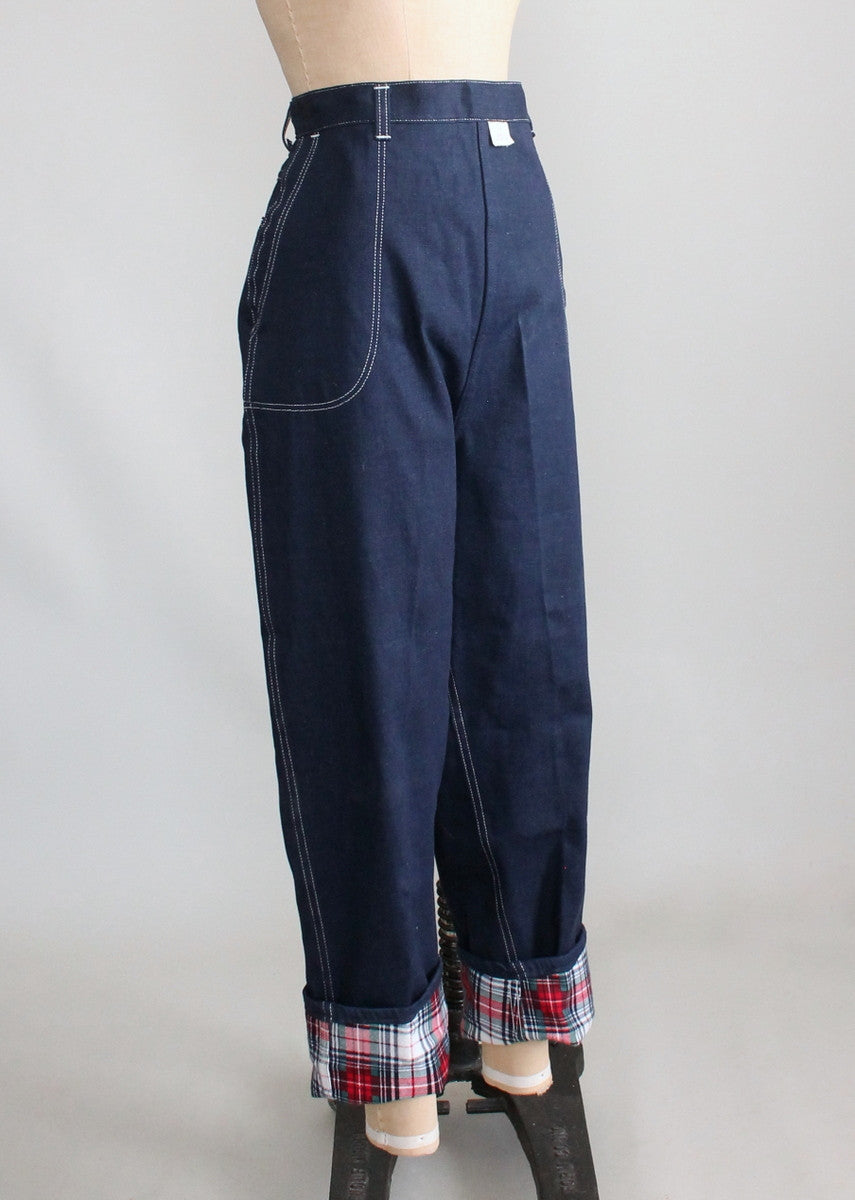Vintage 1950s Plaid Flannel Lined High Waist Jeans Deadstock