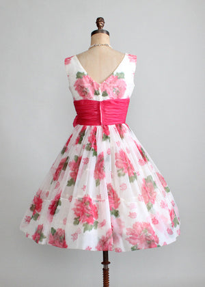 Vintage 1950s Pink Roses Chiffon Party Dress