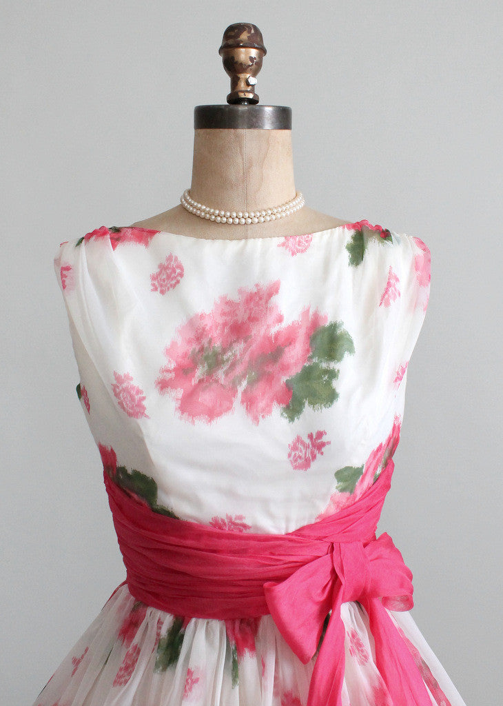 Vintage 1950s Pink Roses Chiffon Party Dress