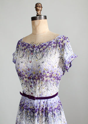 Vintage Early 1950s Nelly Don Violet Floral Sheer Dress