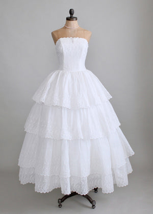 Vintage 1950s White Organdy Eyelet Wedding Dress