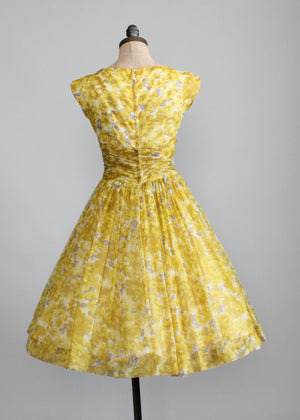 Vintage 1950s Yellow Floral Chiffon Party Dress