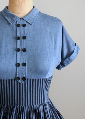Vintage 1950s Striped Chambray Cotton Day Dress