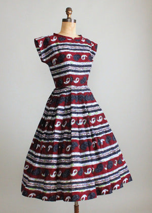 Vintage 1950s Paisley Batik Style Cotton Day Dress