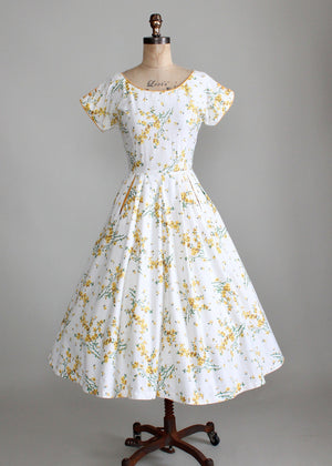 Vintage 1950s Goldenrods and Rhinestones Cotton Dress