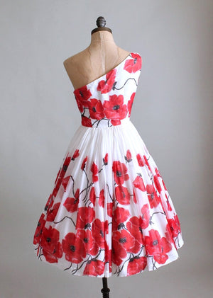 Vintage 1950s Poppies Floral One Shoulder Party Dress