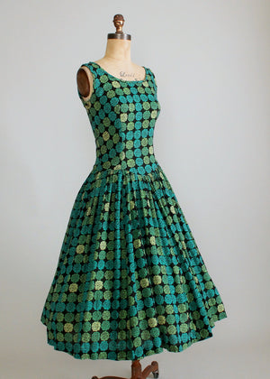 Vintage 1950s Shades of Green Floral Drop Waist Dress