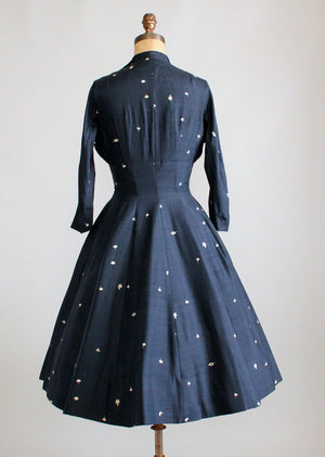 Vintage 1950s Navy Silk Leaf Print New Look Dress