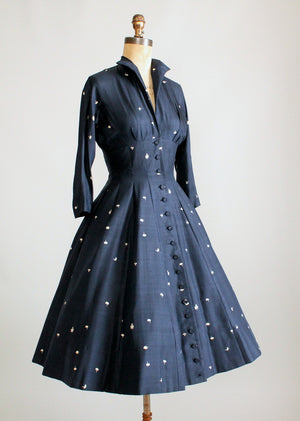 Vintage 1950s Navy Silk Leaf Print New Look Dress